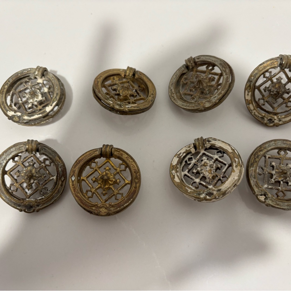 8 Vintage Round Brass Drop Handles Drawer Pulls